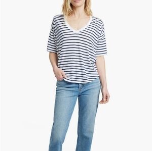Faherty Oceanside 100% Linen V-Neck T-Shirt Blue White Stripes Nautical size XS